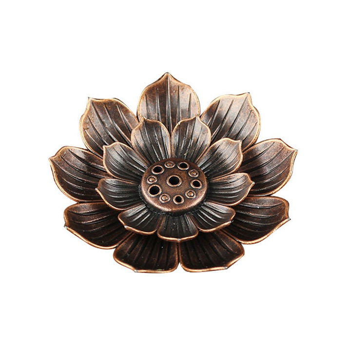 VibeCore Lotus Incense Holder product view, showcasing the 3-layer lotus design made of durable zinc alloy with multiple incense holder holes for a serene atmosphere.