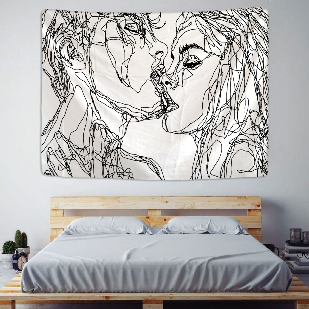 VibeCore Lovers Kiss Tapestry Above Bed