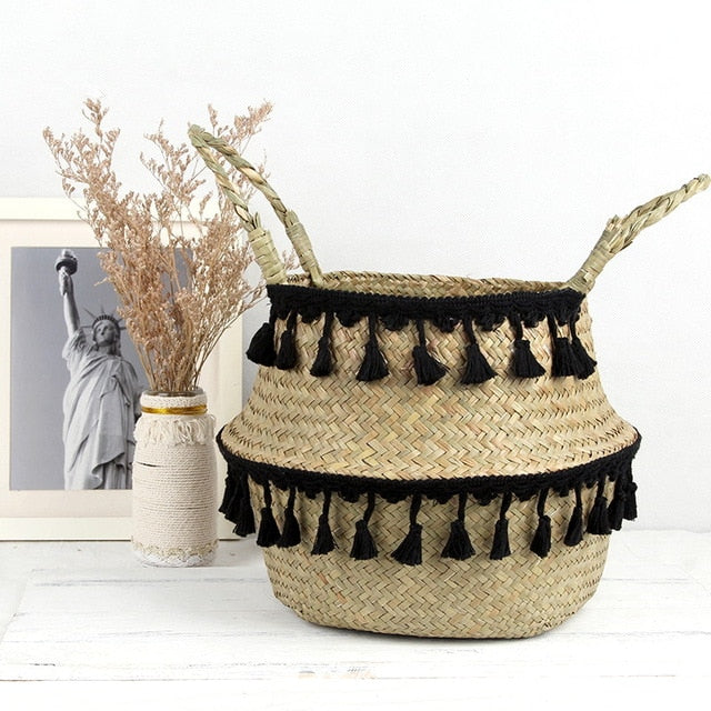 VibeCore MALA Handmade Macrame Basket in black, featuring a handwoven design with organic wicker and cotton, ideal for storage or as a stylish planter.