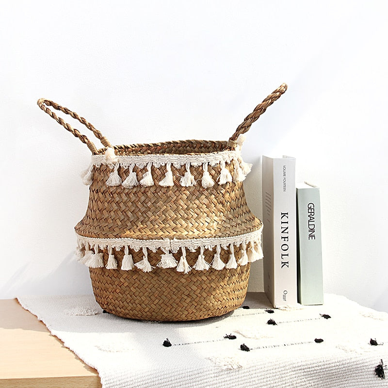 VibeCore MALA Handmade Macrame Basket in white, featuring a unique handwoven design with organic wicker and cotton, perfect for plants or decorative storage.