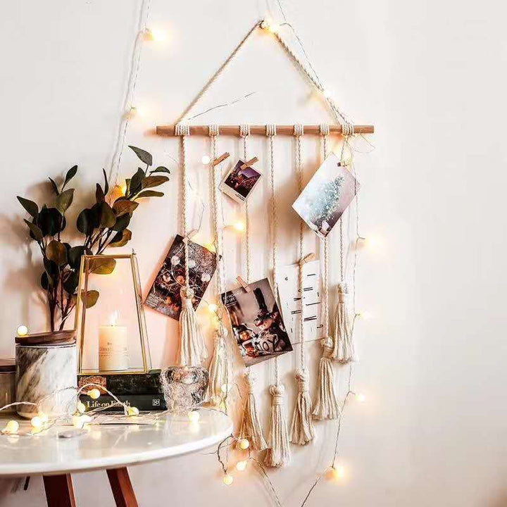 VibeCore Macrame Photo Wall Hanging Display, featuring 30 wooden clips, 100% cotton design, perfect for showcasing photos, postcards, and prints in a boho-style room decor.