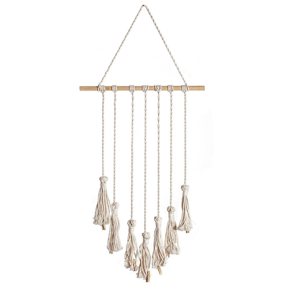 VibeCore Macrame Photo Wall Hanging Display product view, featuring 30 wooden clips and a 100% cotton design, perfect for showcasing photos, postcards, and prints in a boho-inspired decor.