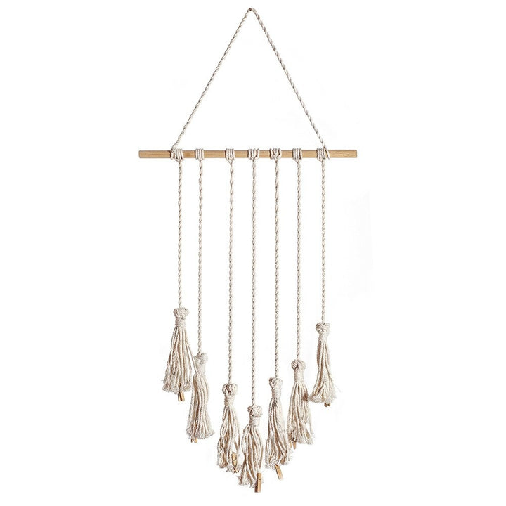 VibeCore Macrame Photo Wall Hanging Display product view, featuring 30 wooden clips and a 100% cotton design, perfect for showcasing photos, postcards, and prints in a boho-inspired decor.