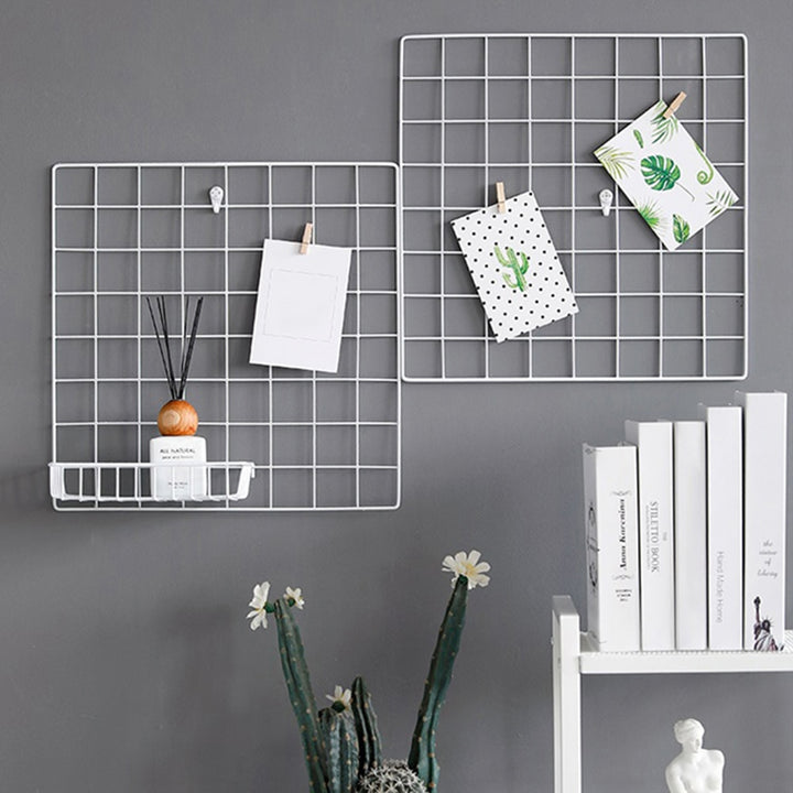 VibeCore Metal Frame Wall Display in white, with 2 frames in an office setting, showcasing a minimalist aluminum design ideal for displaying photos and notes.