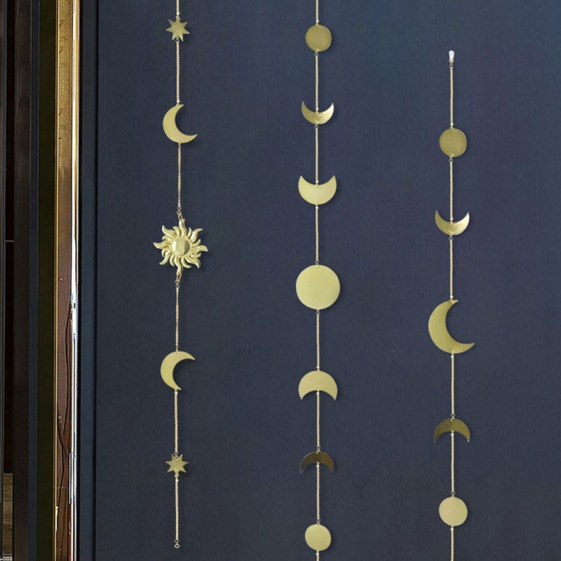 VibeCore Metal Sun and Moon Shaped Wall Hanging All 3 Options, showcasing the three different sizes (A, B, and C) of the sun and moon wall hanging with distinct designs and attachments, perfect for adding a mystical and bohemian touch to your space.