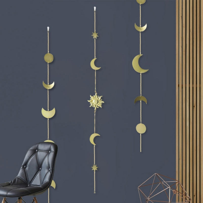 VibeCore Metal Sun and Moon Shaped Wall Hanging All 3 Options on Wall, featuring all three sizes (A, B, and C) of the sun and moon design wall hangings displayed on a wall, creating a cozy and mystical atmosphere in the room.