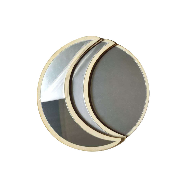 VibeCore Moon Phases Mirror Set in beige, package contents. The set includes five elegant beige mirrors representing the phases of the moon, perfect for adding a serene, boho-inspired touch to your space. The package provides everything you need to create a celestial, minimalist ambiance in any room.