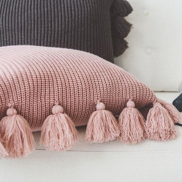 Close-up of the fringe detail on a VibeCore Nordic Style Hand-Knitted Pillow Cover, showcasing the boho-inspired texture and soft twill material.