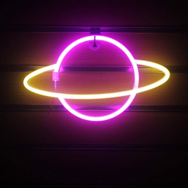 Aesthetic VibeCore Out Of This World Planet Neon Light in pink and yellow, USB or battery-powered LED sign for trendy bedroom, dorm, or gaming room decor, adding a cosmic glow to any space.