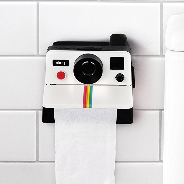 VibeCore Polaroid Toilet Paper Holder featuring a retro camera design, adding a playful and unique touch to bathroom decor.