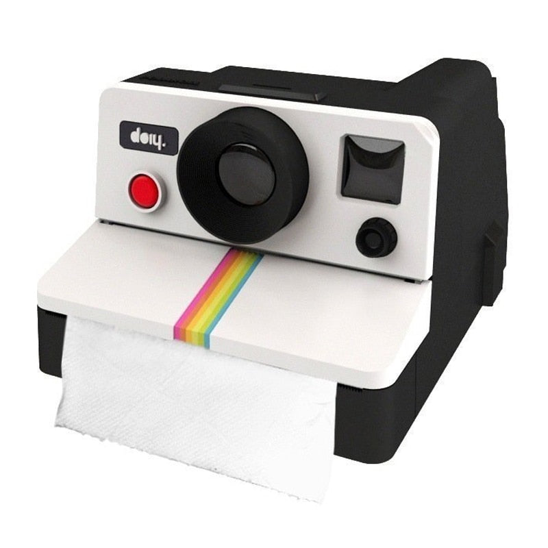 VibeCore Polaroid Toilet Paper Holder product view, highlighting its retro Polaroid camera-inspired design and durable plastic construction.