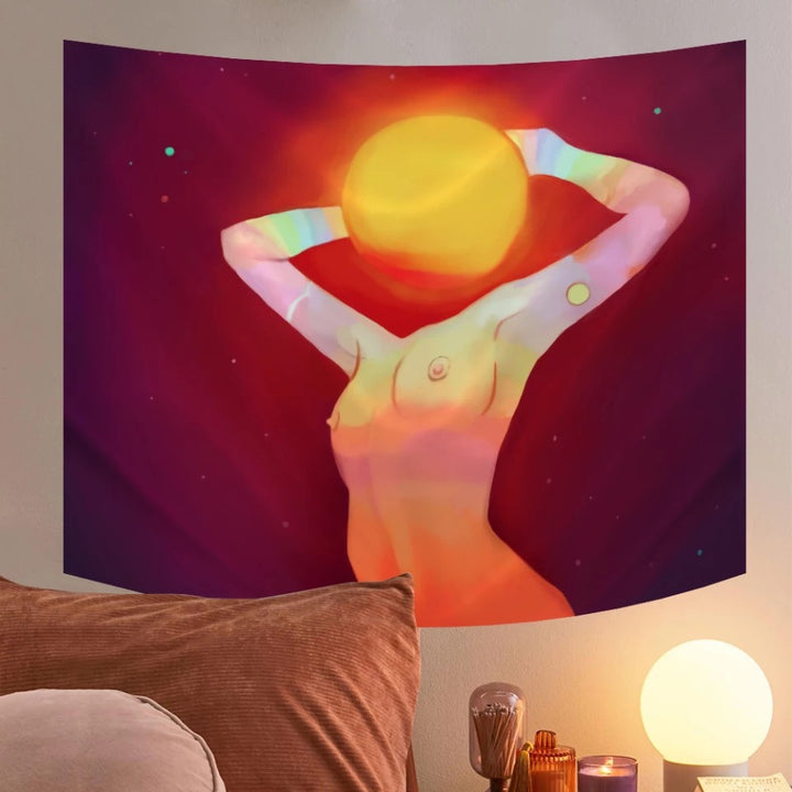 VibeCore Radiant Woman Tapestry Hanging Behind Bed