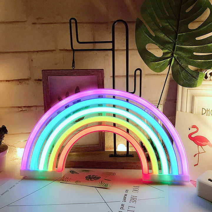 VibeCore Rainbow Neon Light – a vibrant and colorful LED sign that instantly brightens any space, perfect for bedrooms, dorms, or lounges. Battery or USB-powered for flexibility, with a convenient on/off switch for easy control.