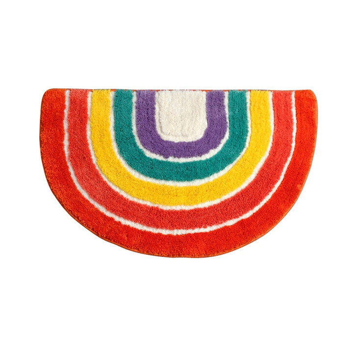VibeCore Rainbow Plush Rug product view, showcasing its vibrant colors and soft, fluffy texture. Designed with a non-slip backing for added safety, this rug is perfect for any room. Easy to clean and maintain, it adds both comfort and style to your space.
