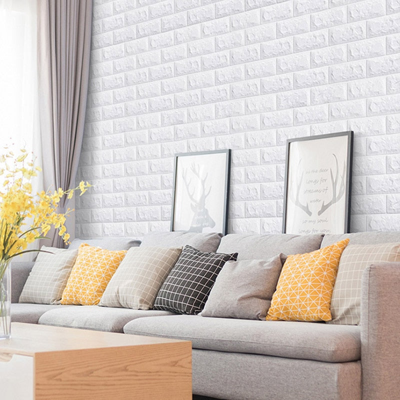 VibeCore self-adhesive white brick wallpaper on living room wall, showcasing a modern textured look.