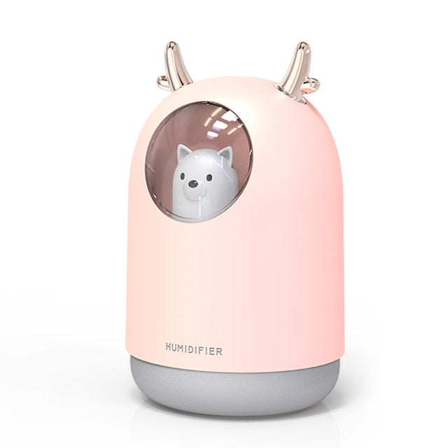 VibeCore Space Dog Humidifier Blossom, cute and practical design with essential oil compatibility, colorful mood lighting in 7 colors, efficient mist modes, and USB-powered with auto shut-off protection.