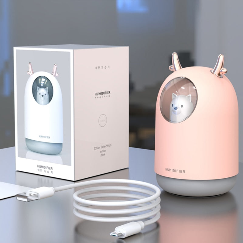 VibeCore Space Dog Humidifier Blossom package contents, including the humidifier unit, USB charging cable, user manual, and optional essential oil tray for enhanced aromatherapy experience.