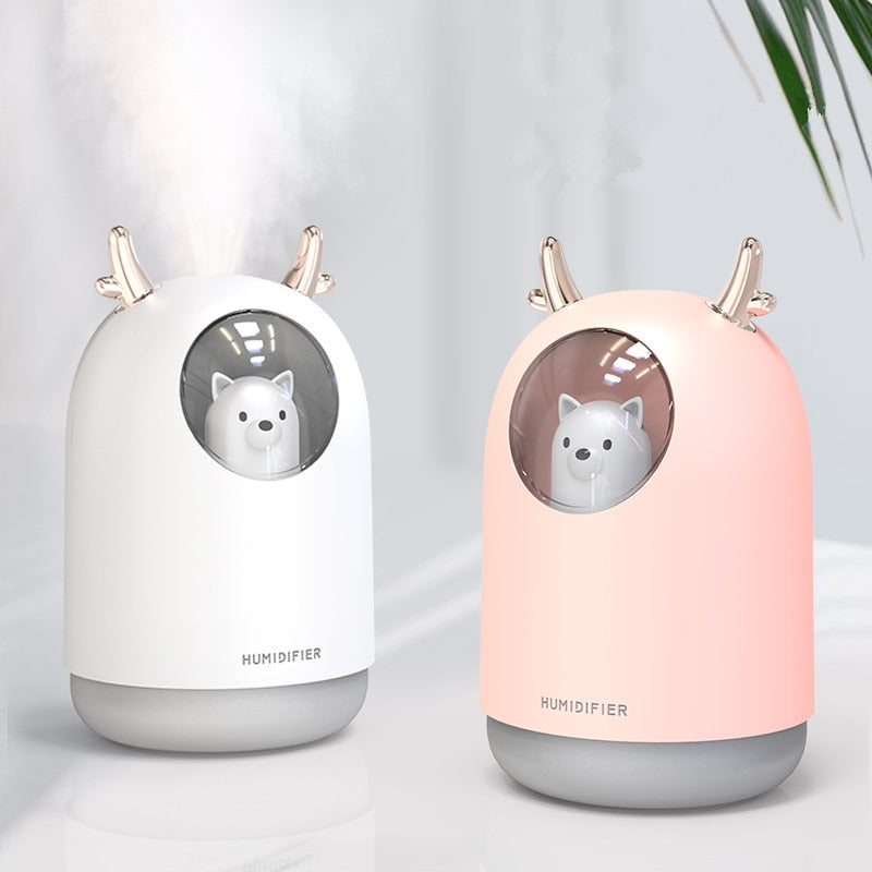 VibeCore Space Dog Humidifier Blossom and White, featuring cute designs with essential oil compatibility, colorful mood lighting in 7 colors, and efficient mist modes for a refreshing atmosphere.