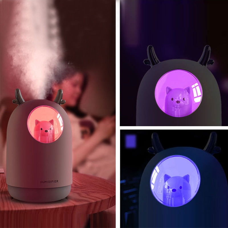 VibeCore Space Dog Humidifier showing different light colors, featuring 7 vibrant options (pink, red, yellow, green, light blue, dark blue, and white) to create a customizable, soothing atmosphere in your space.