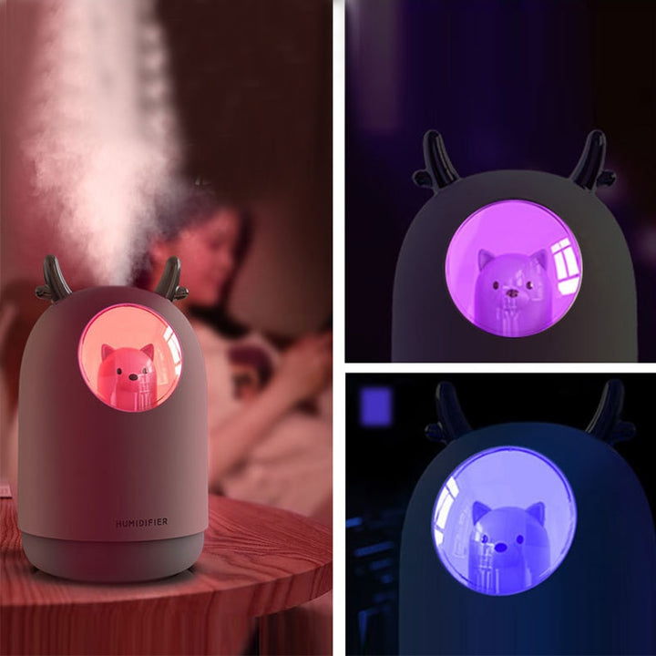 VibeCore Space Dog Humidifier showing different light colors, featuring 7 vibrant options (pink, red, yellow, green, light blue, dark blue, and white) to create a customizable, soothing atmosphere in your space.