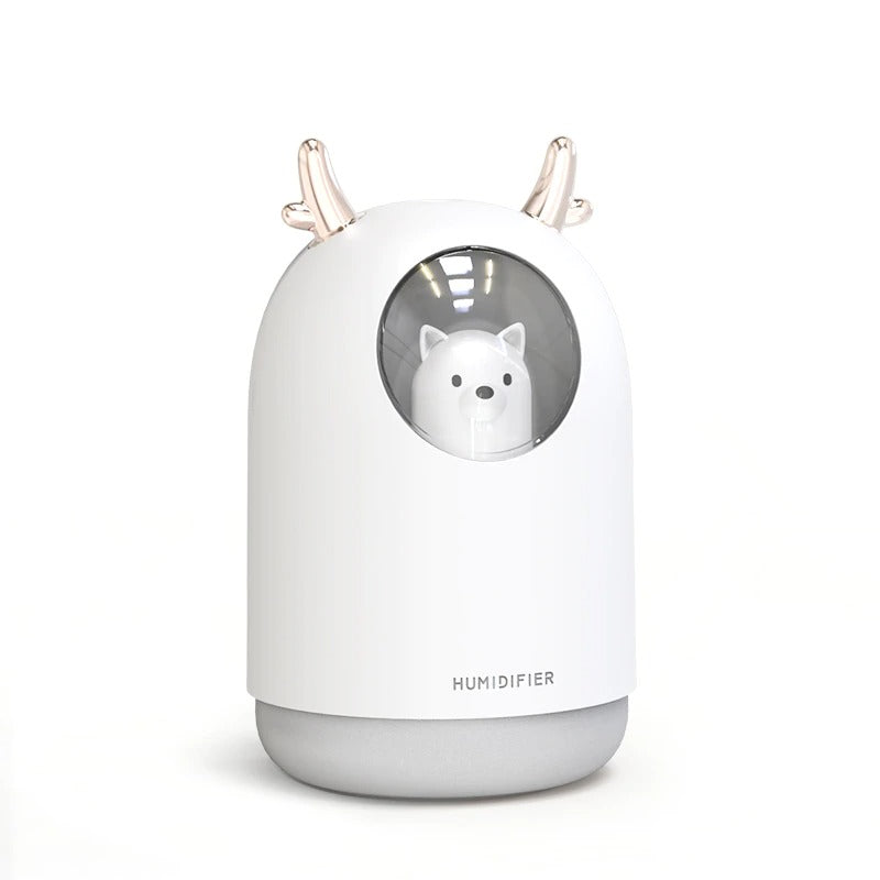 VibeCore Space Dog Humidifier White, cute and practical design with essential oil compatibility, colorful mood lighting in 7 colors, efficient mist modes, and USB-powered with auto shut-off protection.