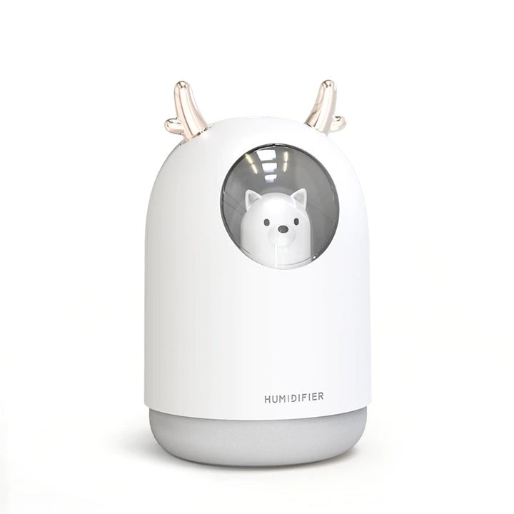 VibeCore Space Dog Humidifier White, cute and practical design with essential oil compatibility, colorful mood lighting in 7 colors, efficient mist modes, and USB-powered with auto shut-off protection.
