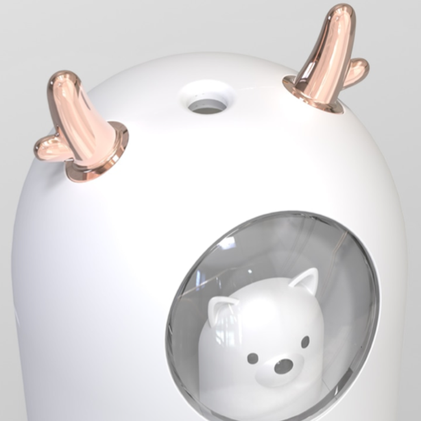 VibeCore Space Dog Humidifier White top view, showcasing its cute design with a 300mL water capacity, colorful mood lighting, and essential oil compatibility for a refreshing atmosphere.