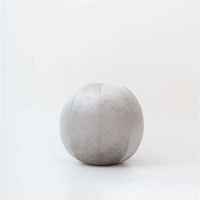 VibeCore Velvet Ball Pillow in gray, plush round velvet cushion, soft and stylish accent pillow for bed, couch, or chair. Ideal gray decorative pillow for modern and cozy room decor.
