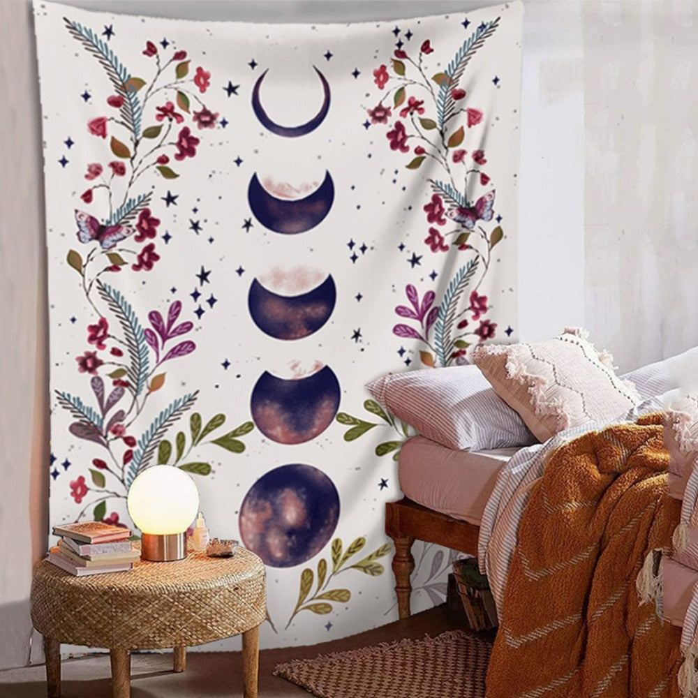 VibeCore White Flower Moon Tapestry Behind Bed