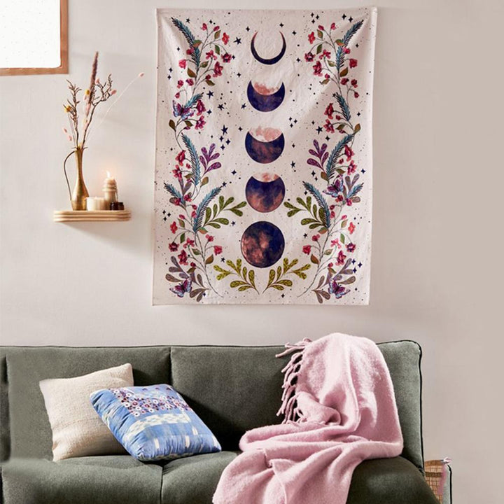VibeCore White Flower Moon Tapestry Behind Couch