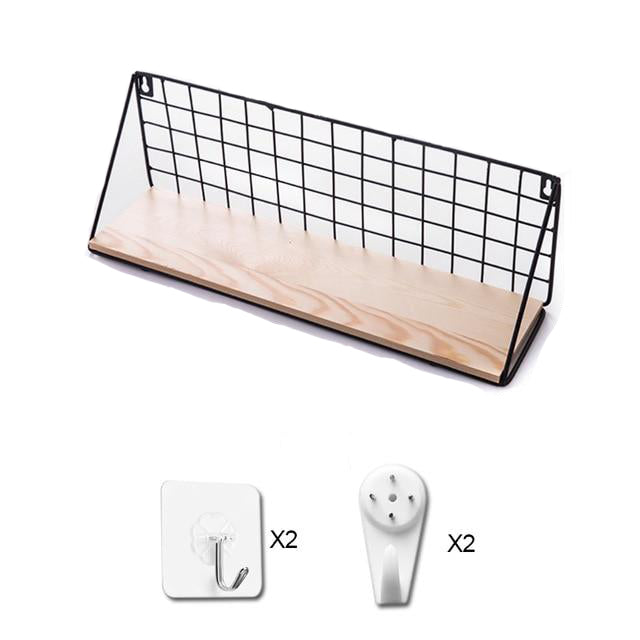 VibeCore Wood+Iron Wall Shelf Black (L) package contents – includes one large black wood and iron wall shelf, mounting hardware, and installation instructions for easy setup and secure hanging. Ideal for organizing and displaying items in any room.