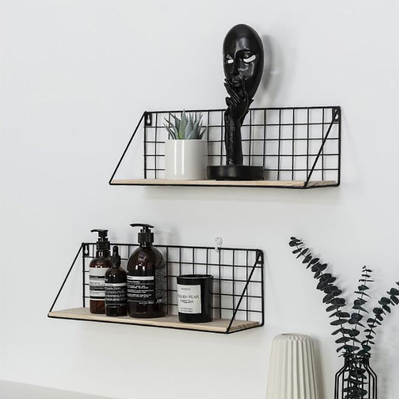 VibeCore Wood+Iron Wall Shelf Black (S and L) on the wall, angled view, showcasing a stylish, space-saving design. Perfect for displaying books, plants, and decor with a rustic industrial charm, ideal for any room.