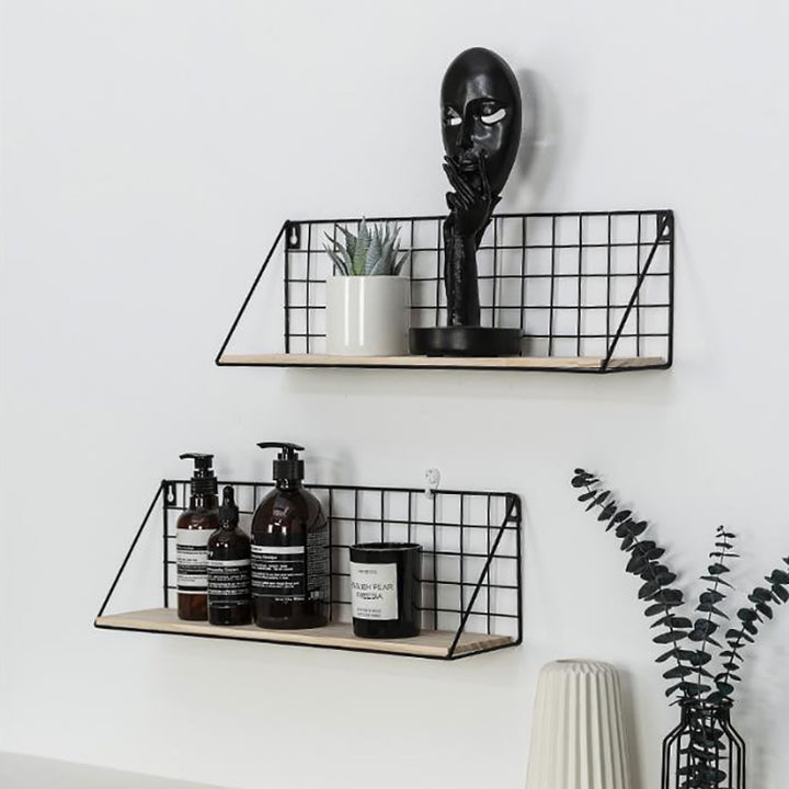 VibeCore Wood+Iron Wall Shelf Black (S and L) on the wall, angled view, showcasing a stylish, space-saving design. Perfect for displaying books, plants, and decor with a rustic industrial charm, ideal for any room.